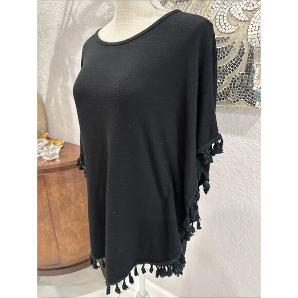 Paris El Moi Collection Black Tassel-Trim Poncho S/M Lightweight - Picture 2 of 8